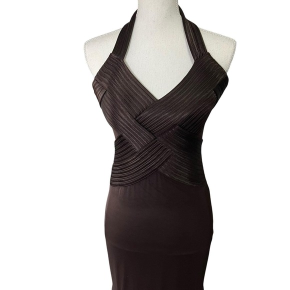 Cacheé Brown Halter Neck Ruched Mermaid Gown Formal Evening Dress Size 2 - Picture 3 of 14